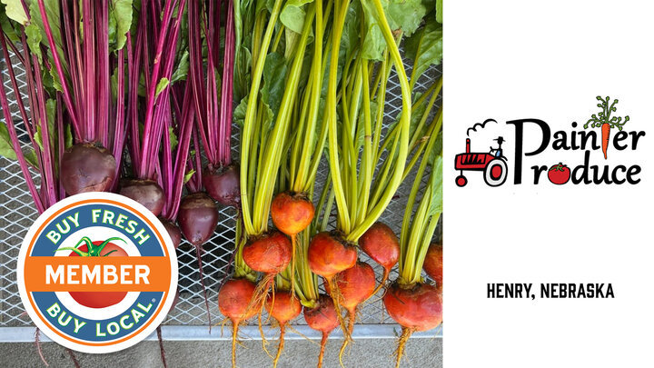 Painter produce spotlight image of their logo alongside two bundles of colorful beets