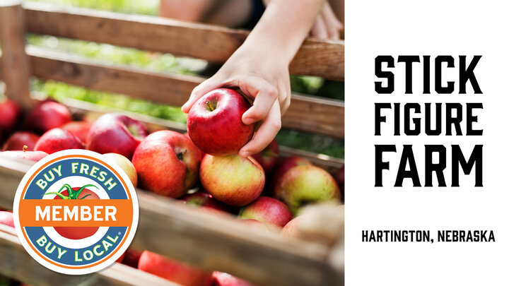 Spotlight image for Stick Figure Farms showing someone collecting apples in a basket