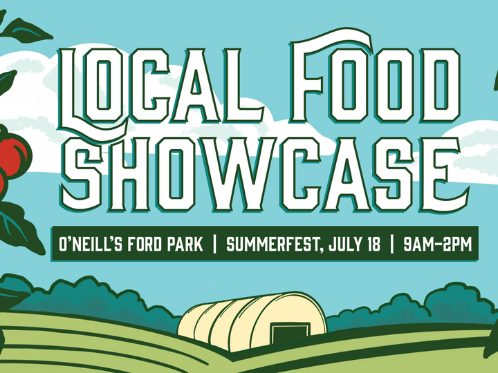 Local Food Showcase event poster with a farm landscape, trees, and a greenhouse.